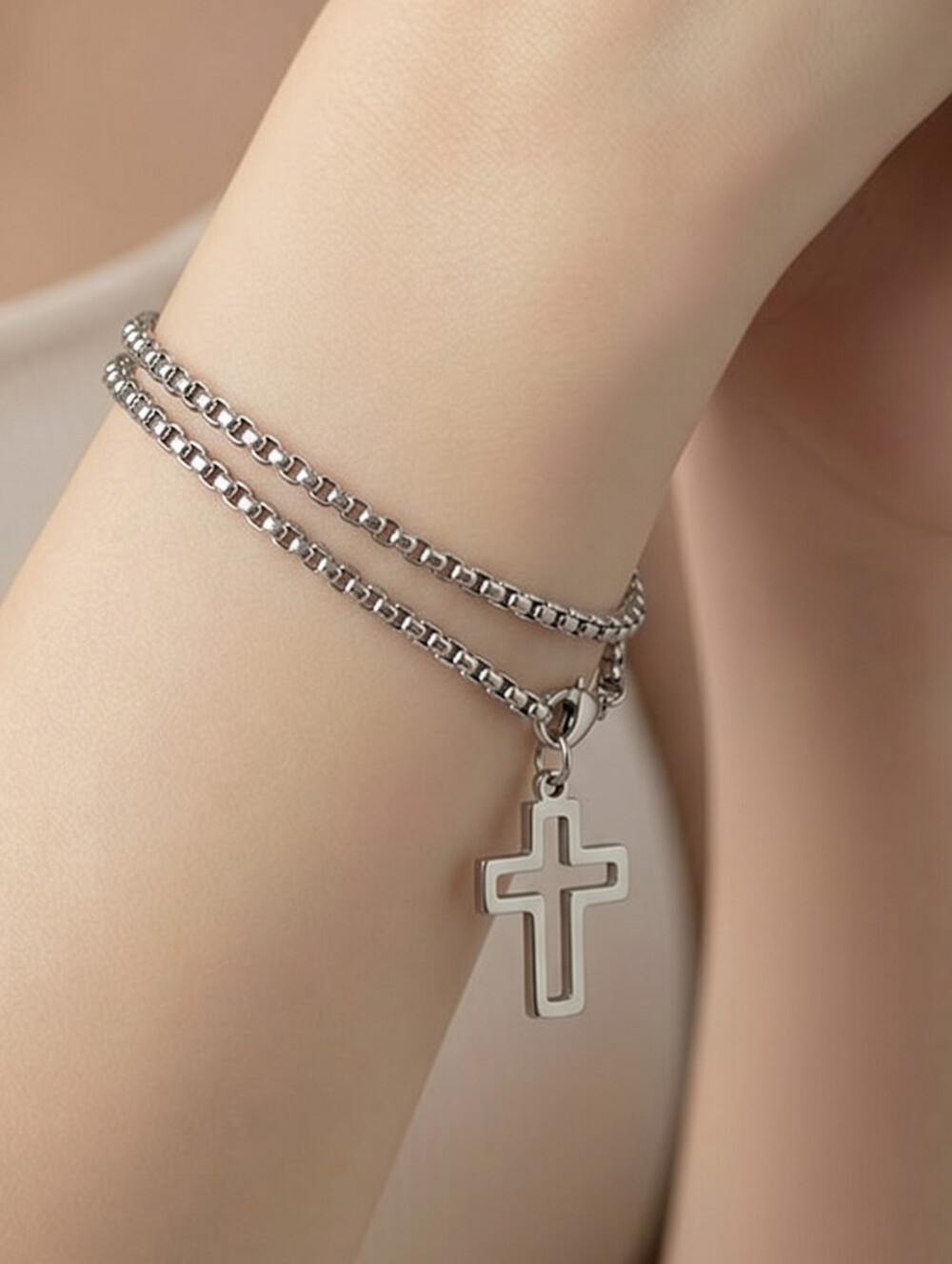 Retro Cross Chain Bracelet Stainless Steel Dragon Bone Double Chain